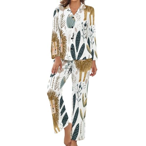 Pyjama pour femme ensemble de nuit imprimé lion et plantes bohèmes vêtement d'intérieur chic