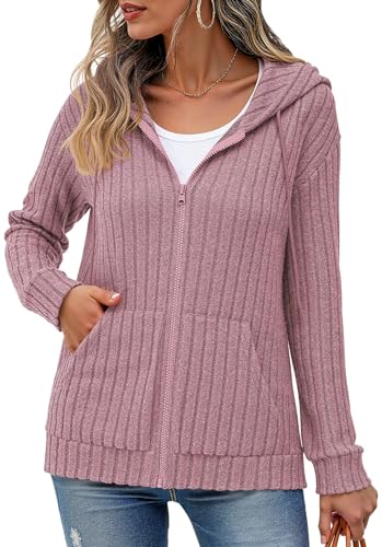 YGJIEGENG Summer Oversized Hoodies for Women UK Zip up Hooded with Pockets Womens Long Sleeve Casual Lightweight Solid Hooded Cardigan Sweatshirt for Autumn Winter, Pink, M