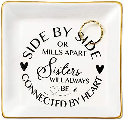 JoycuFF Sister Gifts for Women Birthday Thanksgiving Day Mother's Day Christmas Trinket Dish Tray Sisters Will Be Connected By Heart