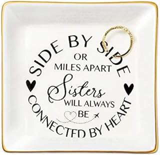 JoycuFF Sister Gifts for Women Birthday Thanksgiving Day Mother's Day Christmas Trinket Dish Tray Sisters Will Be Connected By Heart