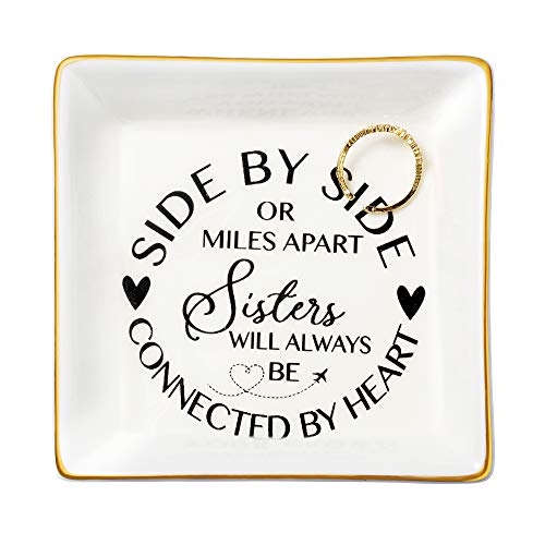 JoycuFF Sister Gifts for Women Birthday Thanksgiving Day Mother's Day Christmas Trinket Dish Tray Sisters Will Be Connected By Heart