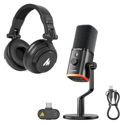 MAONO PD100W Wireless Microphone with MH601 Professional Studio Monitor Headphone