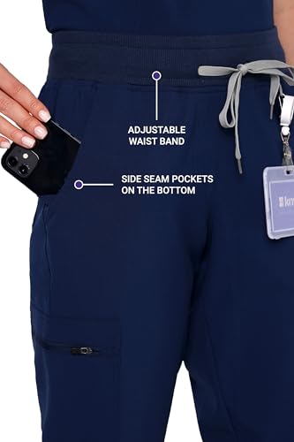 Image of KNYA Ecoflex Women's Align Scrub Suits |8 Pockets | Mandarin Top |Cargo Bottom | 4-way stretch | For Doctors (XS, Navy Blue)