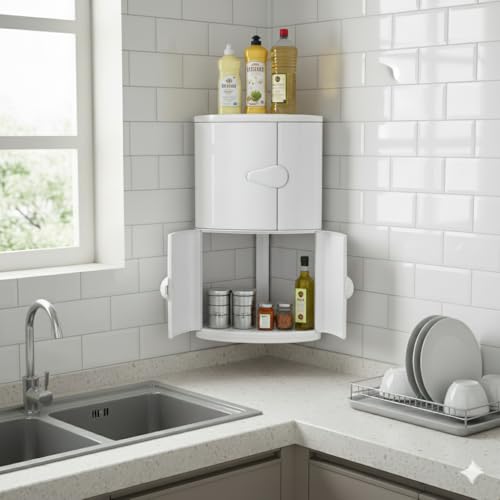 Image of BRANCO Double Door Cabinet for Storage | Bathroom Corner Cabinet with Door | Storage Cabinet for Living Room /Kitchen Storage | Bathroom Cabinet Without Mirror | White | with Towel Ring