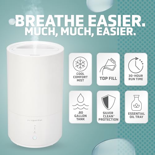 PureGuardian Top Fill Humidifier - H950AR Cool Mist Humidifier, 0.8 Gallon Tank with 30 Hour Runtime, Filter-Free, Quiet Ultrasonic Technology, Essential Oil Tray, 2 Speed Mist Control & Silver Clean - Image 3