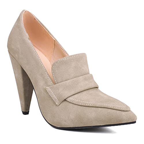 LEHOOR Women High Cone Heel Loafers Pointed Toe Suede Loafer Pumps 4 inch Chunky Heels Slip On Oxford Loafers Shoes Heeled Closed Toe Office Ladies Dress Heels Classic Comfort 4-10 M US3