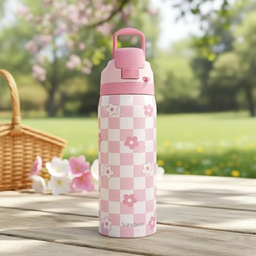 Image of Checkered Floral Insulated Stainless Steel Water Bottle with Straw for Sports and Travel, 32oz, Gifts for Women Girls Friends Teens Birthday Christmas