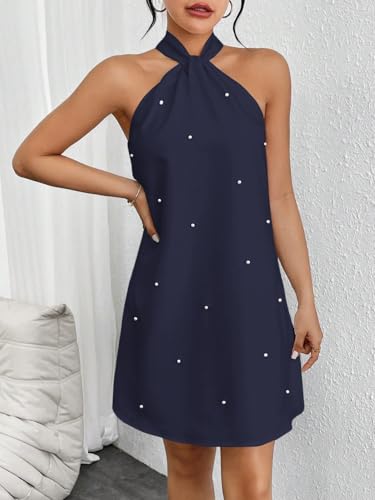 Image of Floerns Women's Pearl Beaded Halter Twist Sleeveless Tie Back Dress A Line Dress