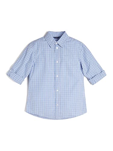 Guess Boys' Big Poplin Roll Tab Sleeve Button Down Shirt, Light Blue Mini Check, 18 #TOP18