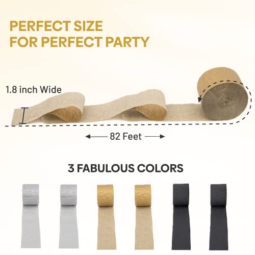 Image of 6 Black Gold Streamers, 492ft Pack of Crepe Paper Party Decorations | Each roll is 82 ft long and 1.8 Inch wide ideal for Birthday Party Decor, Wedding Decorations and Themed Parties