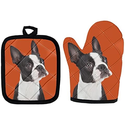 Aoopistc Boston Terrier Design Topflappen 2 Stück Set rutschfeste Ofenhandschuhe für Küche dekorativer Schutz für Damen Herren Backen Cover