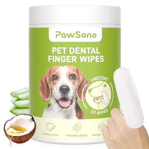 PawSono Dog Teeth Cleaning Wipes, Fresh Breath Pet Dental Finger Wipes for Dogs & Cats, Dog Dental Wipes Teeth Wipes, Lick-Safe Pet Toothbrus for Easy Removal of Tartar Buildup, Unscented - 50 PCS