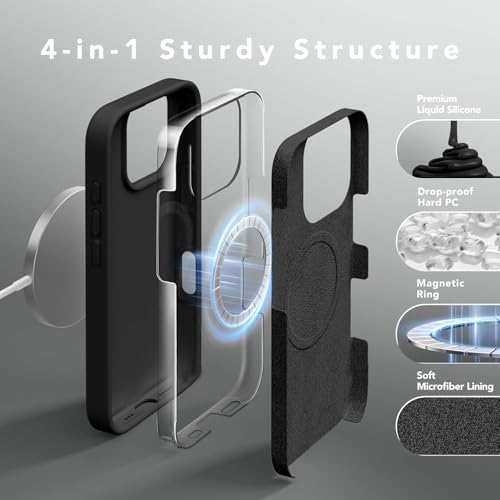 Image of Elzzi Magnetic Silicone Case Compatible with iPhone 16 Pro Max Case, Built-in Magnets, Soft Grip Silicone Mag-Safe Case, Shockproof Camera Protection Cover (Black)