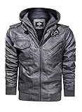 HOOD CREW Men’s Casual Stand Collar PU Faux Leather Zip-Up Motorcycle Bomber Jacket With a Removable Hood Gray L