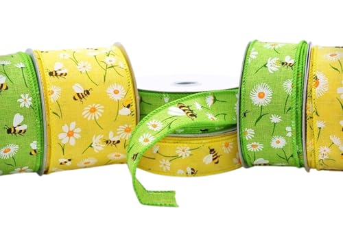 25mm, 38mm, 63mm Wide Woven Wired Edge Spring Summer Bumble Bee & Flowery Ribbon in Yellow or Green (Yellow, 1 Metre x 38mm)