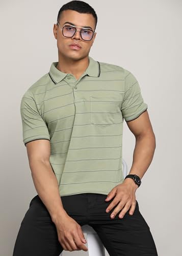 Image of INKKR Men Striped Polo Neck Cotton Blend T-Shirt