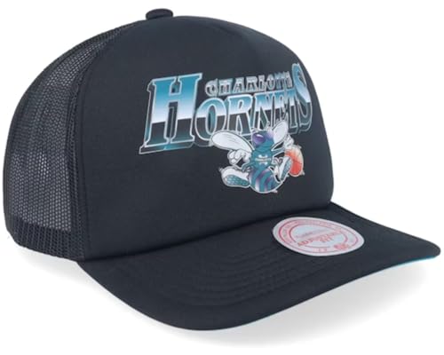 Mitchell & Ness Charlotte Hornets Rock On Trucker Mesh Snapback Adjustable Hat Cap - Black (US, Alpha, One Size, Black, Charlotte Hornets)