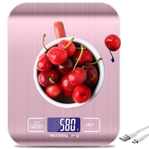 Küchenwaage Digital: 10kg/1g Waage Küchenwaage, USB Wiederaufladbar Digitale Küchenwaage mit LCD Display & Tara Funktion Professionelle Küchenwaagen Multifunktionaleswaage mit Ladekabel (Roségold)