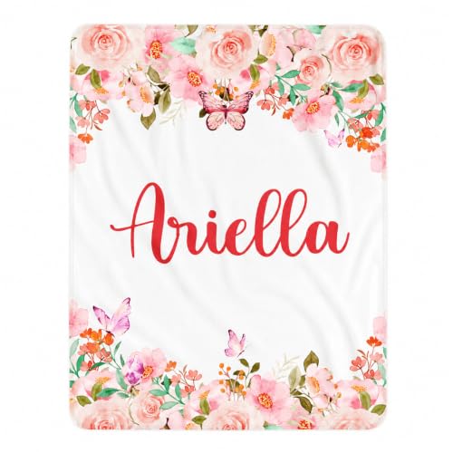 Image of Personalized Baby Blankets for Girls, Custom Blanket with Name, Personalized Baby Gifts for Birthday, Christmas, Baby Shower, Newborn Soft Flannel Floral Blankets Boy Girl Kids Gifts