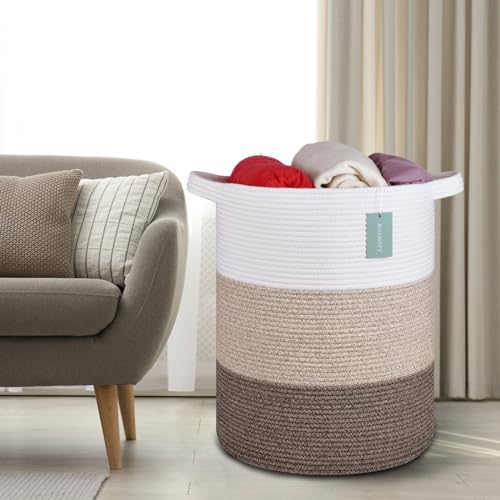 BOSROTY Large Blanket Basket, Nursery Hamper, Tall Laundry Basket 72L, Cotton Rope Woven Laundry Hamper for Storage Toys Clothes Towels, 40 x 55 CM, White & Gradient Brown - Image 7