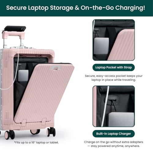 Nobl Travel Carry On Luggage, Noble Zipperless Aluminum Frame PC Hard Shell Suitcase, 22.5x15x9.5 Airline Approved, 360° Spinner Wheels, TSA Locks, USB Charging Port, Cup & Phone Holder - Pink2