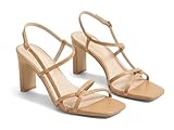 Coutgo Womens Chunky High Heels Strappy Sandals Square Open Toe Ankle Strap Wedding Party Dress Shoes, Khaki, Size 8