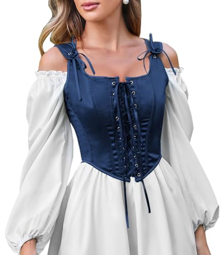 Scarlet Darkness Corsé Renacentista para Mujer, Bustier Pirata, Top, Corpiño, Modelador, Azul marino, 16