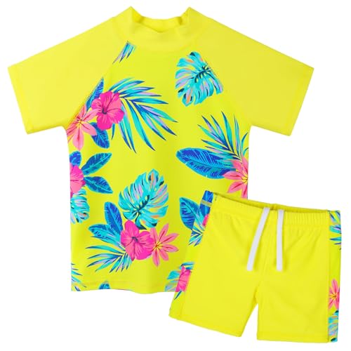 ZNYUNE Traje de baño infantil para niña, traje de baño de dos piezas, estampado de tela, manga corta + falda pantalón, traje de baño, Mn-s471-amarillo de flores, 7-8 años
