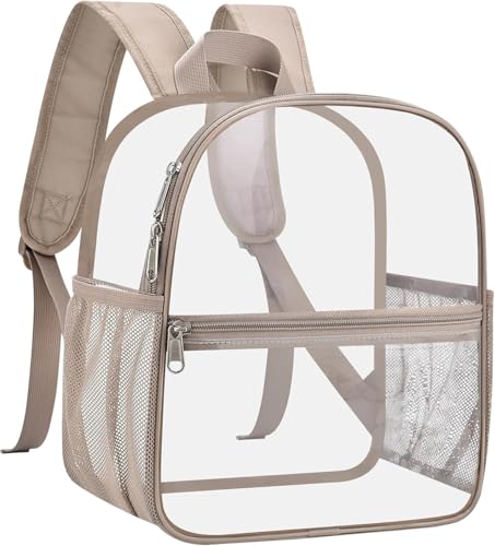 Image of Busiuw Clear Backpack for Stadium Events 12x12x6 Mini Small Sports Fan Backpacks with Front Pocket for Concert Sport Events Work Travel(Khaki)