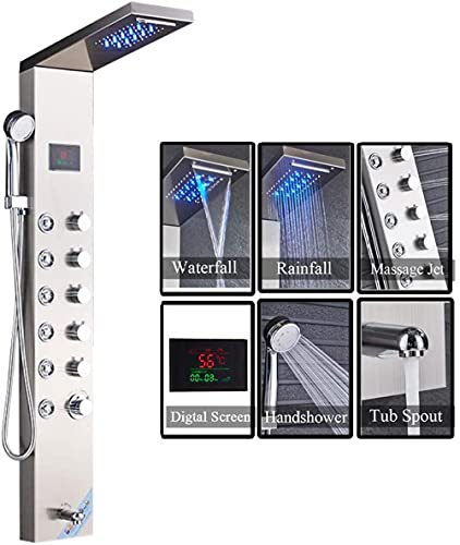 Panel de ducha de acero inoxidable con cabezal lluvia y cascada, pantalla LED, salida para bañera baja y duchador de mano miniatura 4