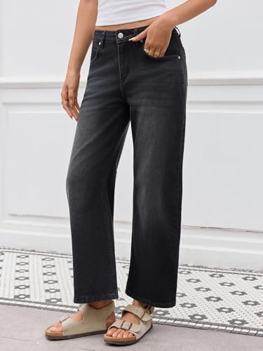 Barrel Jeans for Women Trendy Stretchy Mid Waist Wide Leg Cropped Denim Pants Boyfriend Baggy Jeans with Pockets2