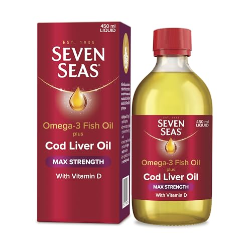 Seven Seas Omega-3 Fish Oil Plus Cod Liver Oil MAX Strength with Omega-3 Vitamins D and Vitamin E. Food Supplement for Brain2 & Body1-4 Support 450ml Liquid