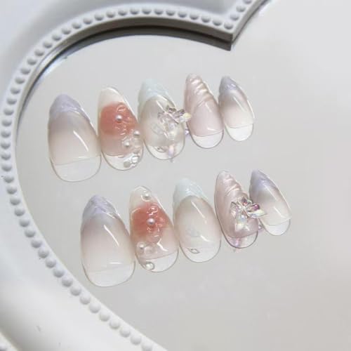 Image of White French Tip Press on Nails 3D Flower Fake Nails with Pearl Design Butterfly Glue on Nails Glossy Acrylic Full Cover Nude Stick on Nail Short Almond False Nail for Women Manicure 24Pcs