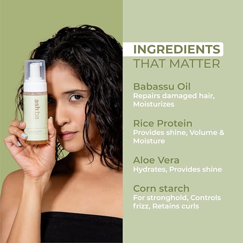 Image of Ashba Botanics Curl Volumizing Foam I Weightless Hair Mousse for Curly & Wavy Hair - Paraben, Silicone Free | Lightweight styler to control frizz without dryness | 150ml