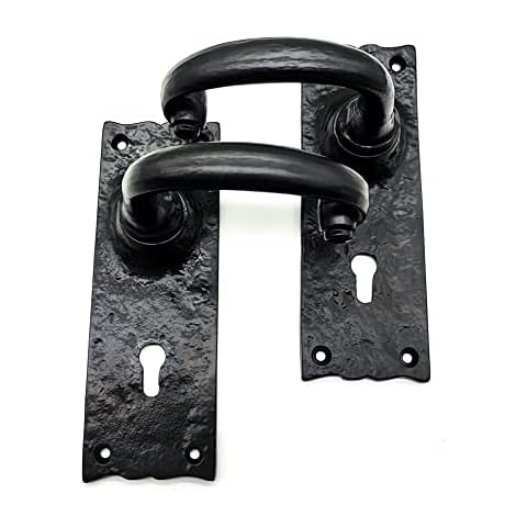 Infinity Decor Antique Black Isabella Straight Lever Key Lock Door Handle - Wrought Iron Internal Handles on Backplate Cover