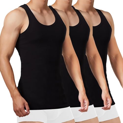 FALARY Herren Tank Top 3er Pack, Schwarz, 4XL, Ärmellos, U-Ausschnitt, Baumwolle, Sport, Sportunterhemd, Muskelshirts