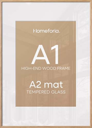 Image of Homeforia A1 Natural Oak Poster Frame, High-End Wood, A2 Mat, Glass | High End Solid Oak Wood, Tempered Glass, Acid-Free A2 Removable Mat, A1 Edge-to-Edge Display, Wall Kit, Set Of 2