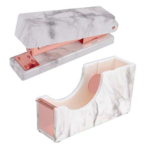 2 Pack Marble White Office Supplies Set-- Stapler|Tape Despenser Office School Desk Decor Accessories (Rose Gold)