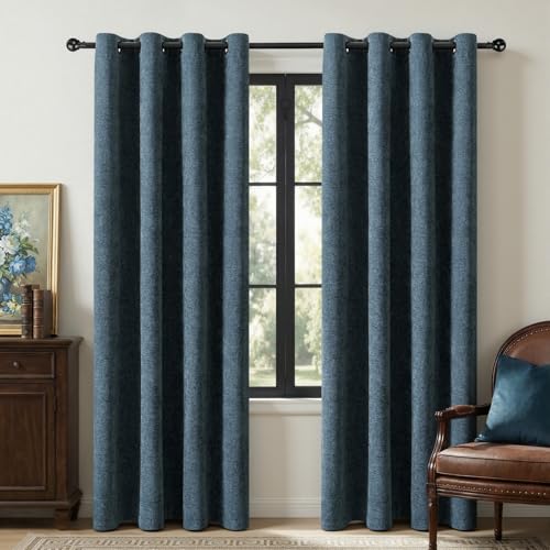 Image of 100% Blackout Curtains for Bedroom, Luxury Chenille Thermal Insulated Drapes for Living Room, Energy Saving Room Darkening 84 Inch Long Curtains, Grommet Top, 2 Panels, 52 inch W x 84 inch L, Blue
