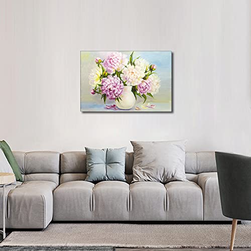 TISHIRON Canvas Wall Art Painting,Modern Peony Pink Flowers Nordic Decorative Artwork Oil Painting Print for Bedroom Kitchen Living Room Home Decor Framed Ready to Hang 16x24 inch - Image 3