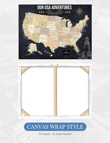 Image of IPIC - Vintage United States Map Canvas Print Wall Art, Large Push Pin Travel Map to Track Travels, Pinnable Board Decor for Home, Office, Study or RV, Ready to Hang