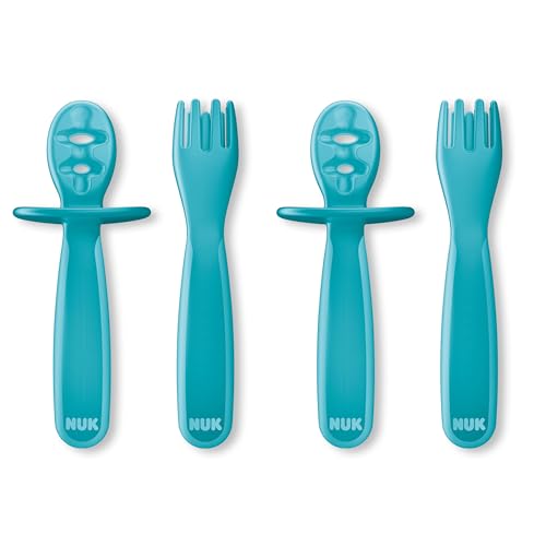 Image of NUK Pretensil Dipper Spoon & Fork Set, Baby & Toddler Self-Feeding Utensils, Easy-Grip, Mess-Reducing Design, 4 Pack