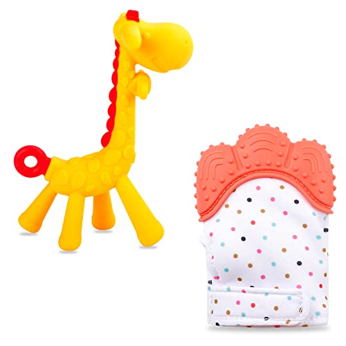 Image of Baby Teething Toys for 0-6 Month, Tinabless Giraffe Baby Chew Toy and Teething Mitten Set, Silicone Teethers for Babies 6-12 Months, Christmas Stocking Stuffers for Boys&Girls