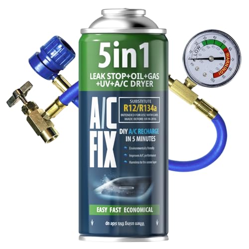 AC FIX 5 en 1 – sustituto R134a + Manguera, 235 g Refrigerante para aire acondicionado de coche con aceite, sellador, tinte UV y desecante. Aplicación rápida. Protege el compresor.