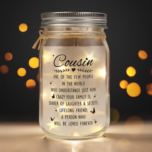 Image of Cousin Gifts for Women Best Cousin Ever Gifts,Mason Jar Night Light Cousin Birthday Gifts for New Cousin Sister Thanksgiving Christmas Mothers Day