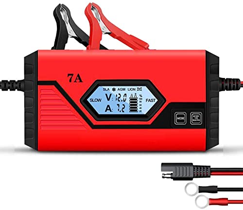 7-Amp Car Battery Charger, 12V Smart Fully Automatic Battery Charger Maintainer for Car Truck Motorcycle Lawn Mower Boat Marine Lead Acid Lithium Batteries
