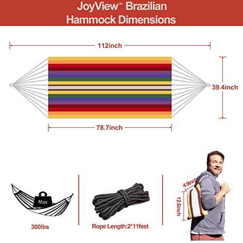 Image of JoyView Brazilian Hammock for Single Person Portable Hammock with Hanging Ropes & Carry Bag Large 78.8x39.4 inch for Patio 300LBS Capacity Perfect for Outdoor /Indoor - Red Stripes