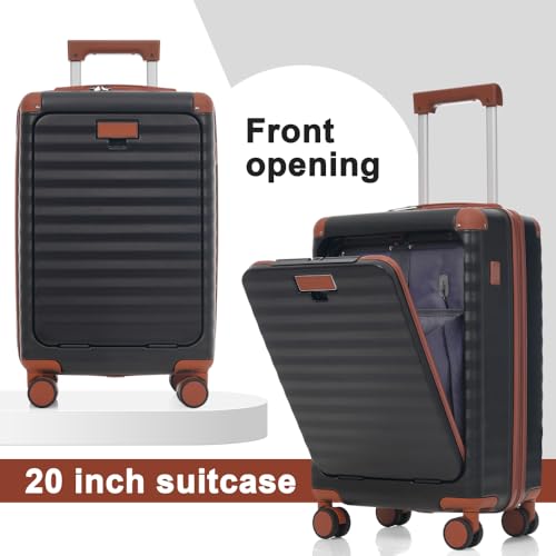 Luggage Sets 5 Piece with Front Opening, Hardside Expandable Carry on Suitcase with Spinner Wheels TSA Lock USB Port Cup Holder (Black Brown + ABS)4