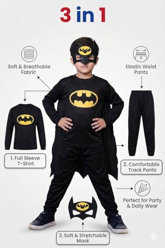 Image of Raj Costume Boys Superhero Costume Set with Mask | Blue Red Full Sleeve T-Shirt & Track Pants | Kids Fancy Dress for Birthday Party, School Function|Stretchable Comfortable