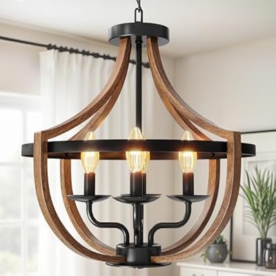 DWVO Black Wood Chandeliers for Dining Room, Adjustable Farmhouse Rustic Light Fixture, Industrial 4-Light Pendant Ceiling Lights for Island, Bedroom, Kitchen